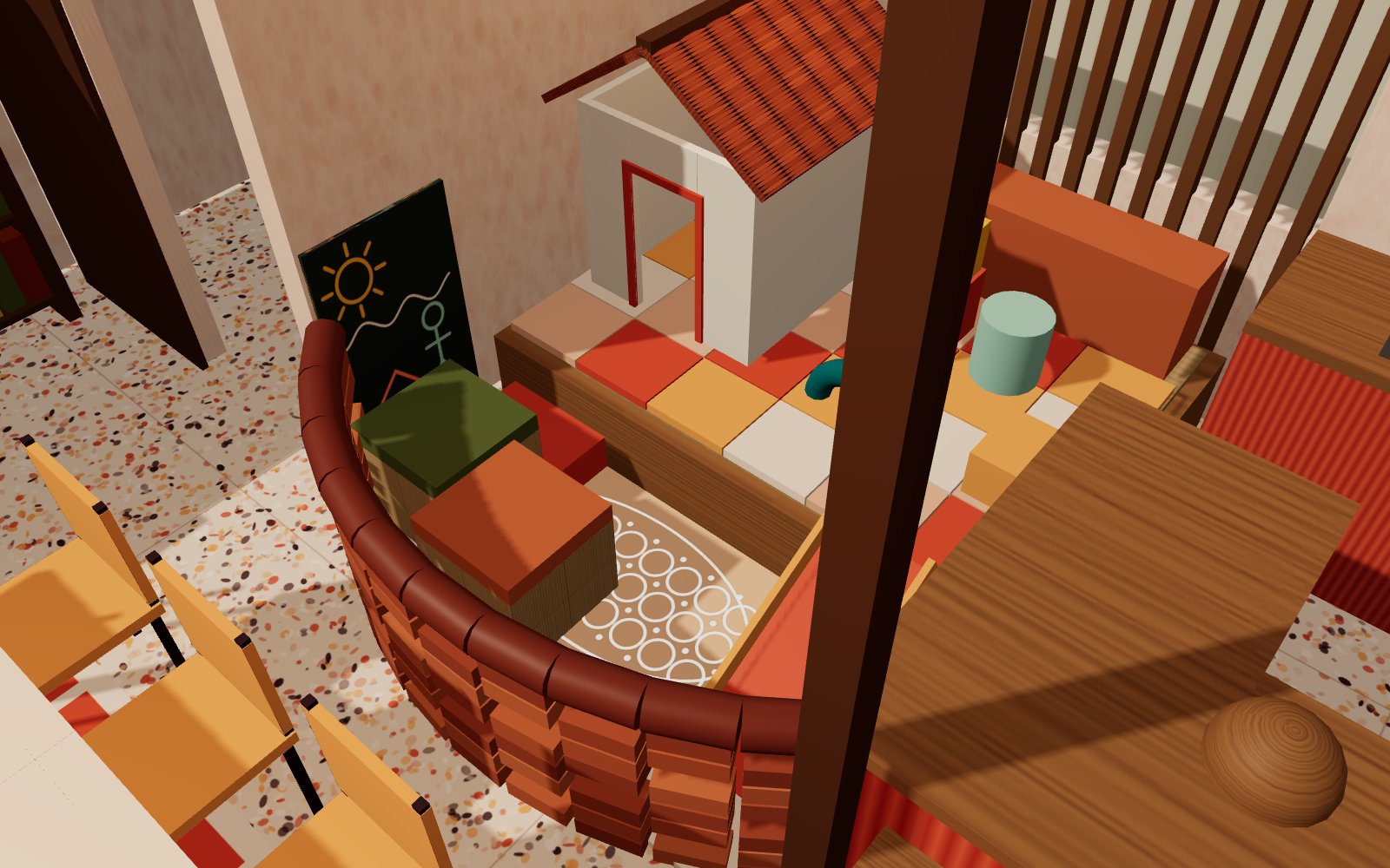 Design render of the nook: a soft corner with cushions and low shelves